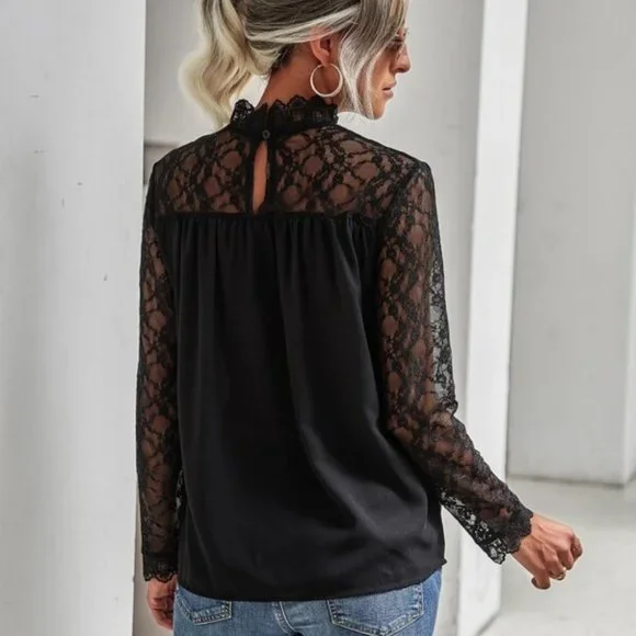 Contemporary Lace Insert Mock Neck Blouse top Blac - Picture 5 of 6